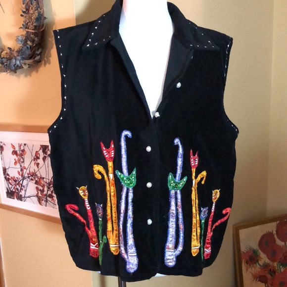 Vintage DRESS BARN Size 1X Embroidered Cat Kitty Kitten Patch Velvet Cotton NWOT - Picture 2 of 16